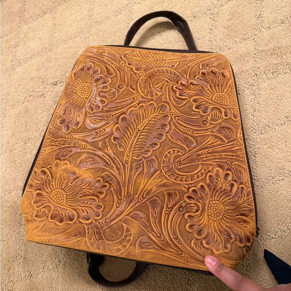 Floral Embossed Burnt Mustard Leather Convertible Backpack